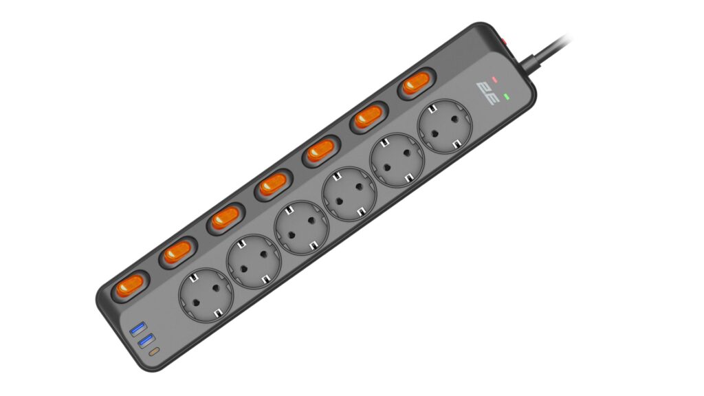 2E Power strip with surge protection, 3m, 6xTypeF, 16A, 2xUSB-A, 1xUSB-C, black
