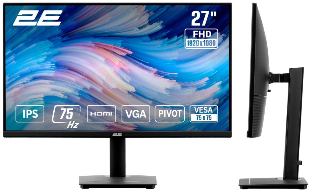 Монитор 2E 27″ N2723B D-Sub, HDMI, IPS, 75Hz, Pivot