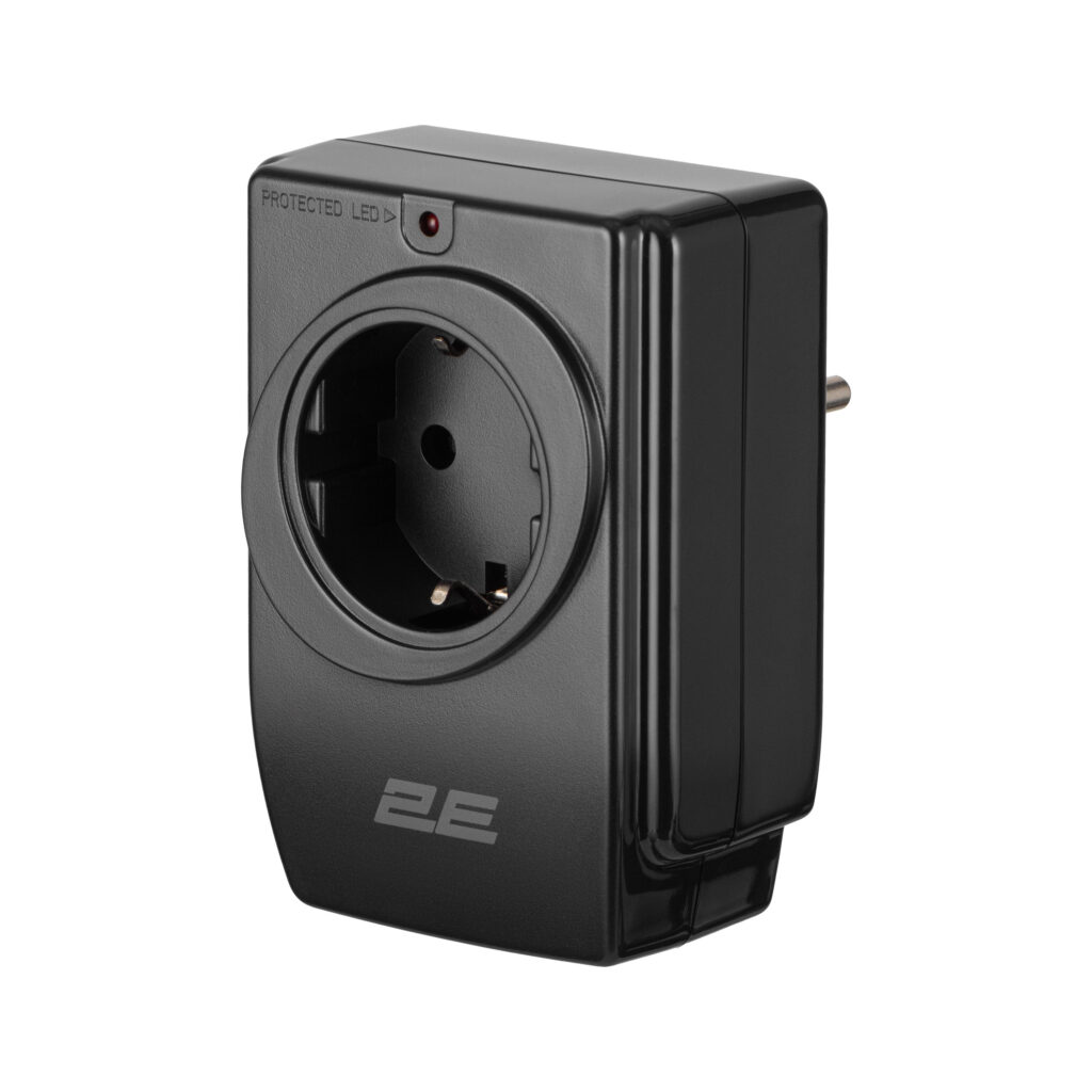 Адаптер сетевой 2E 1xТипF, 16A, 2xUSB-A, фильтр, чёрный