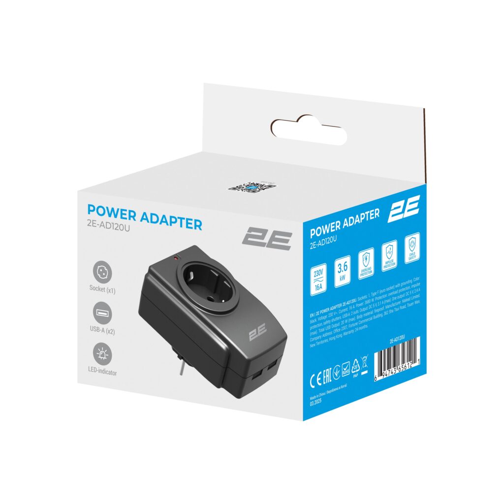 Адаптер сетевой 2E 1xТипF, 16A, 2xUSB-A, фильтр, чёрный