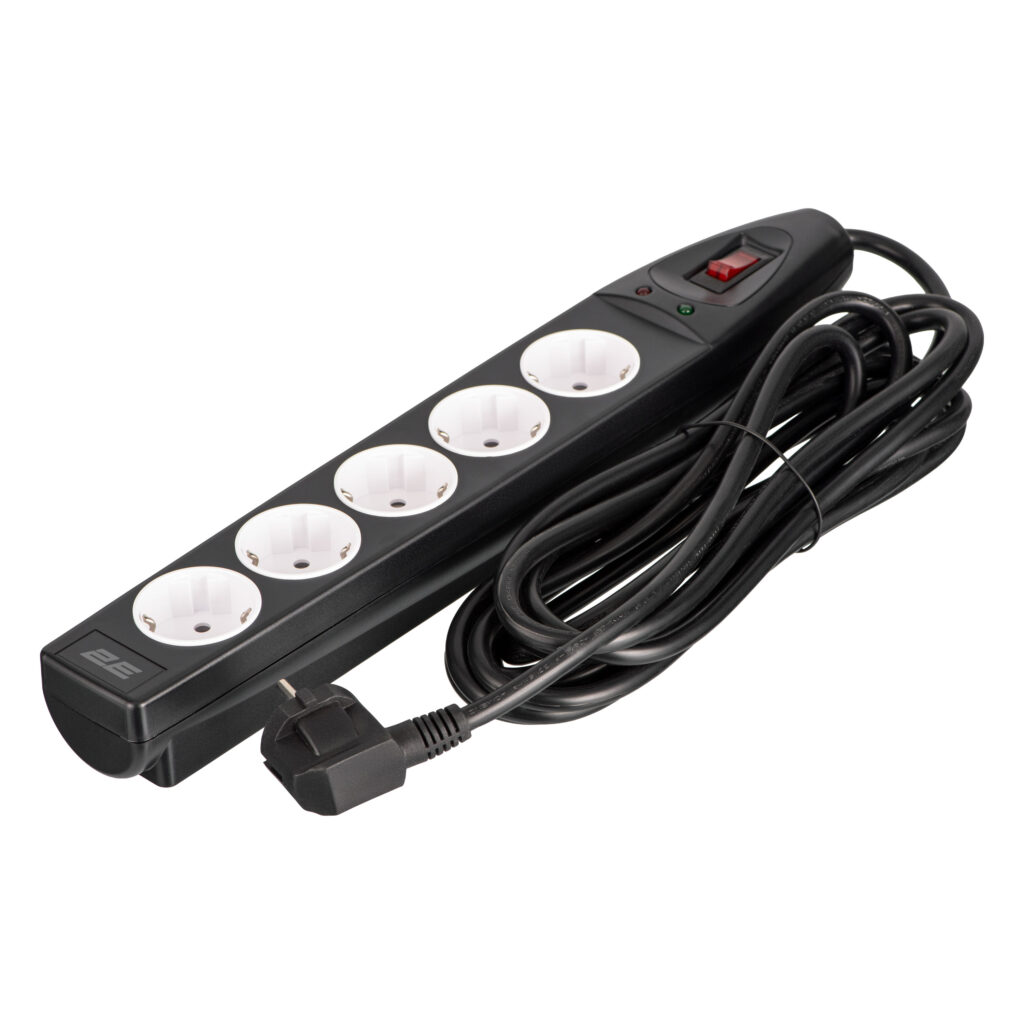 2E Power strip with surge protection, 5m, 5xTypeF, 16A, black