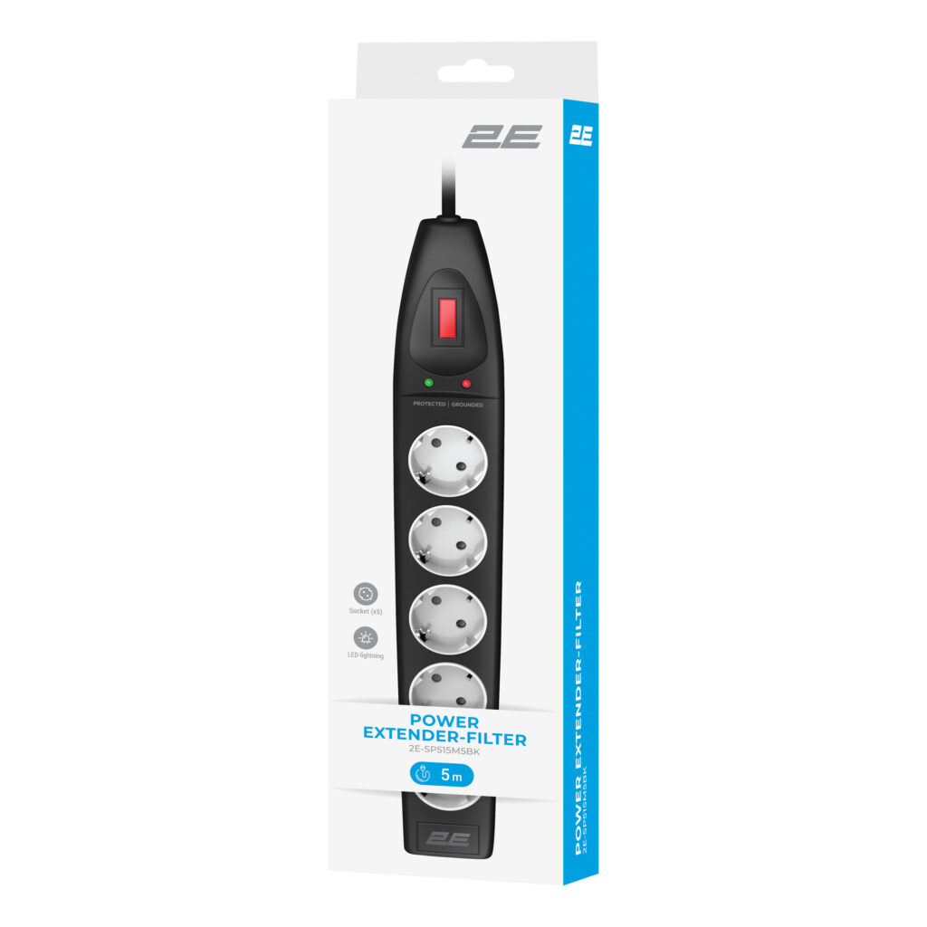 2E Power strip with surge protection, 5m, 5xTypeF, 16A, black