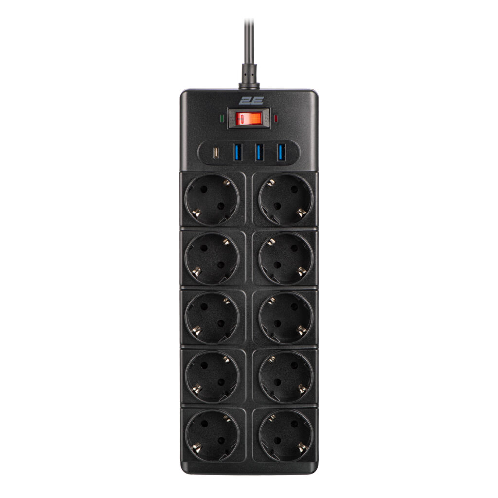 2E Power strip with surge protection, 3m, 10xTypeF, 16A, 3xUSB-A, 1xUSB-C, black