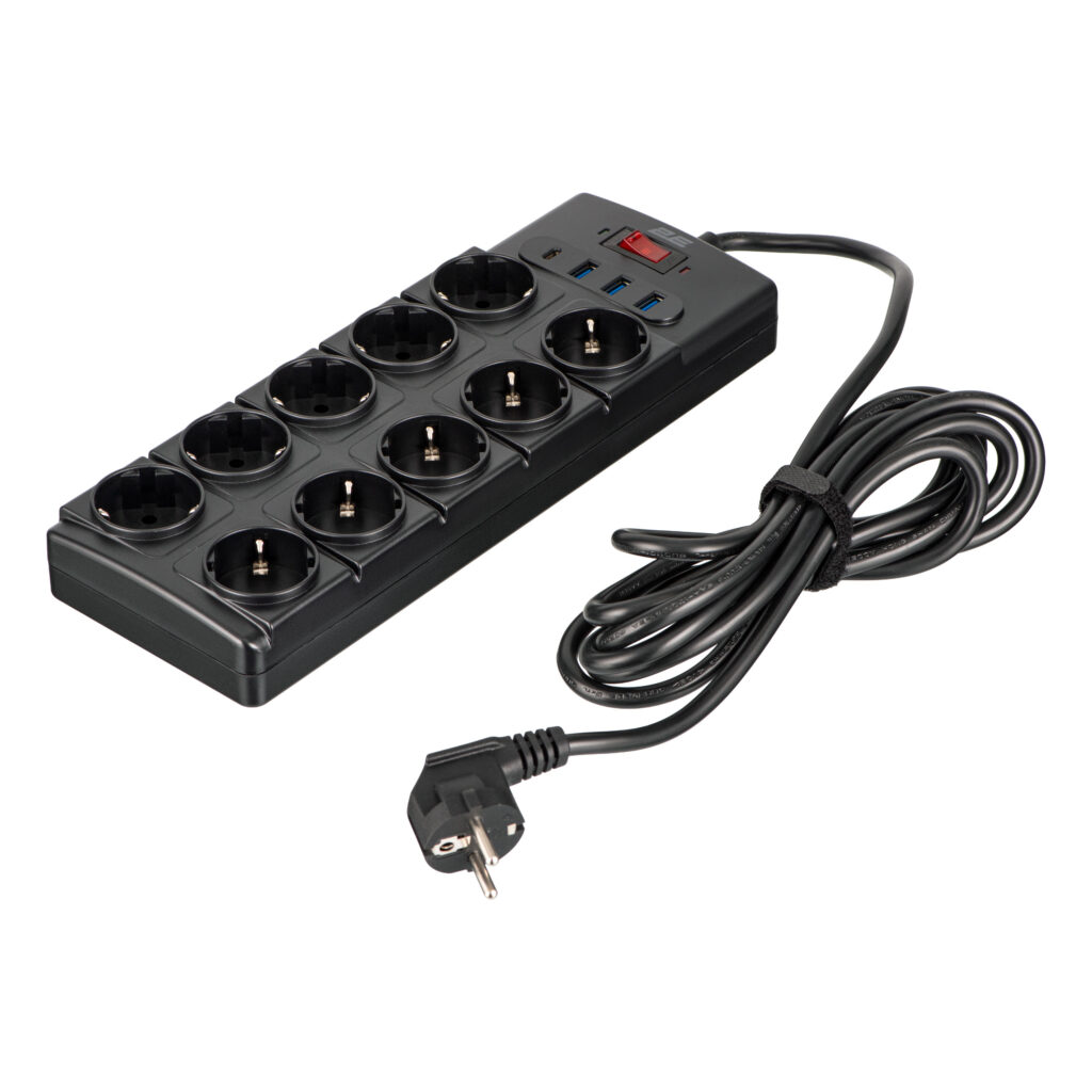 2E Power strip with surge protection, 3m, 10xTypeF, 16A, 3xUSB-A, 1xUSB-C, black