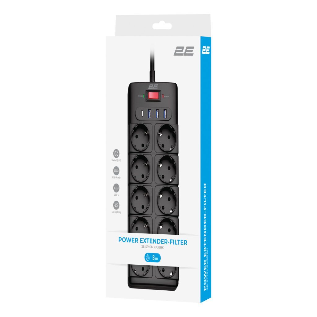 2E Power strip with surge protection, 3m, 10xTypeF, 16A, 3xUSB-A, 1xUSB-C, black