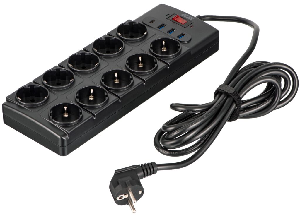 2E Power strip with surge protection, 3m, 10xTypeF, 16A, 3xUSB-A, 1xUSB-C, black