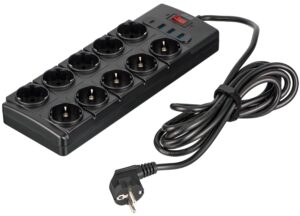 2E Power strip with surge protection, 3m, 10xTypeF, 16A, 3xUSB-A, 1xUSB-C, black
