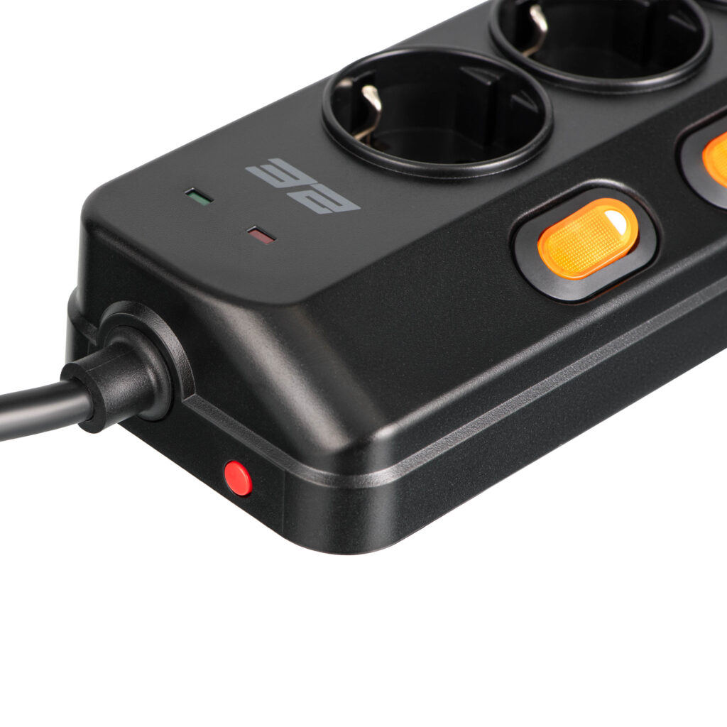 2E Power strip with surge protection, 3m, 6xTypeF, 16A, 2xUSB-A, 1xUSB-C, black