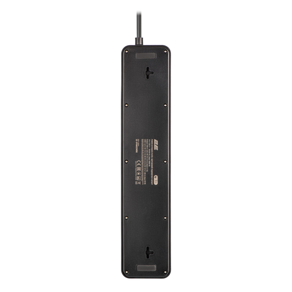 2E Power strip with surge protection, 3m, 6xTypeF, 16A, 2xUSB-A, 1xUSB-C, black