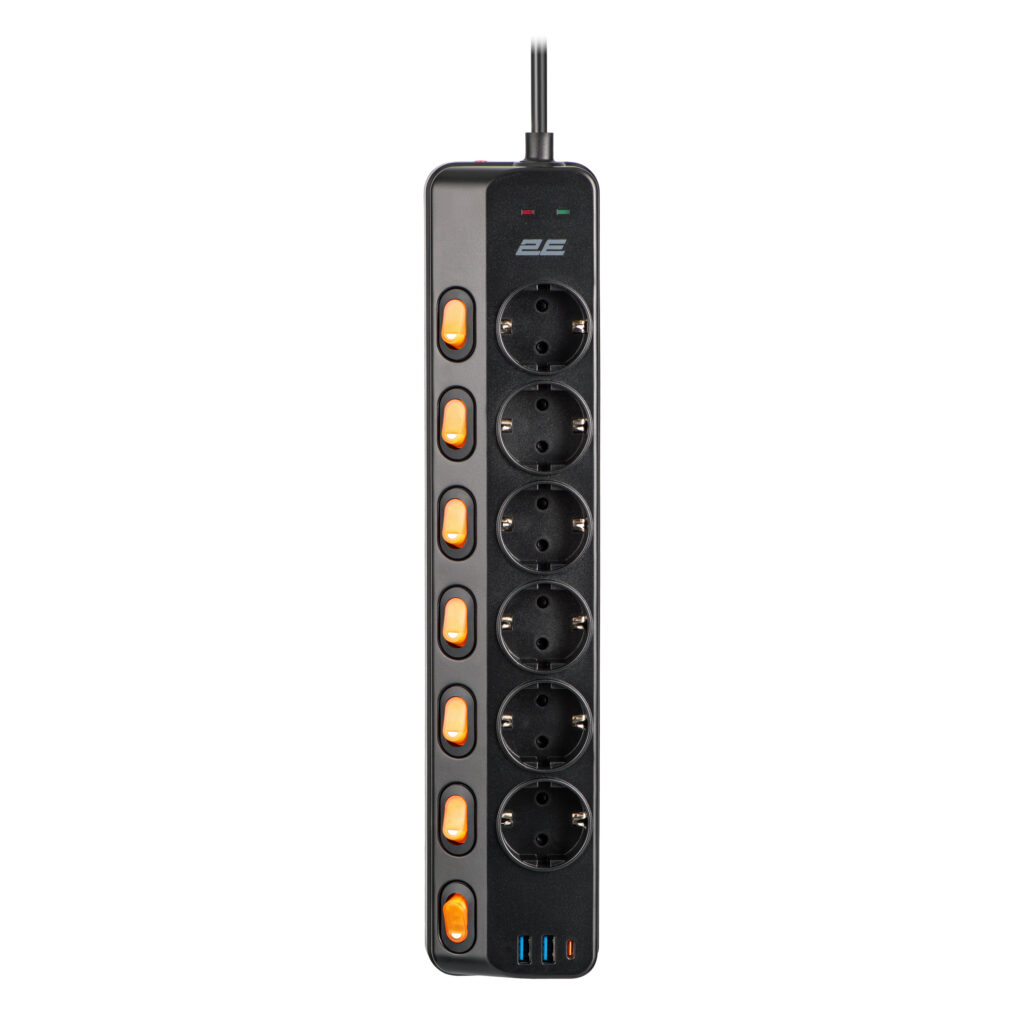 2E Power strip with surge protection, 3m, 6xTypeF, 16A, 2xUSB-A, 1xUSB-C, black