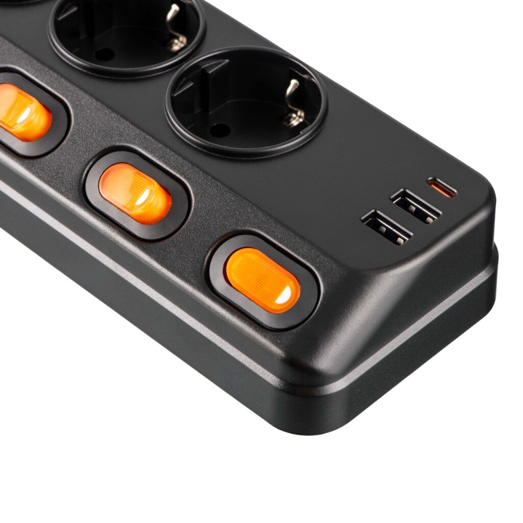2E Power strip with surge protection, 3m, 6xTypeF, 16A, 2xUSB-A, 1xUSB-C, black