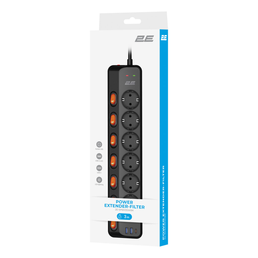 2E Power strip with surge protection, 3m, 6xTypeF, 16A, 2xUSB-A, 1xUSB-C, black