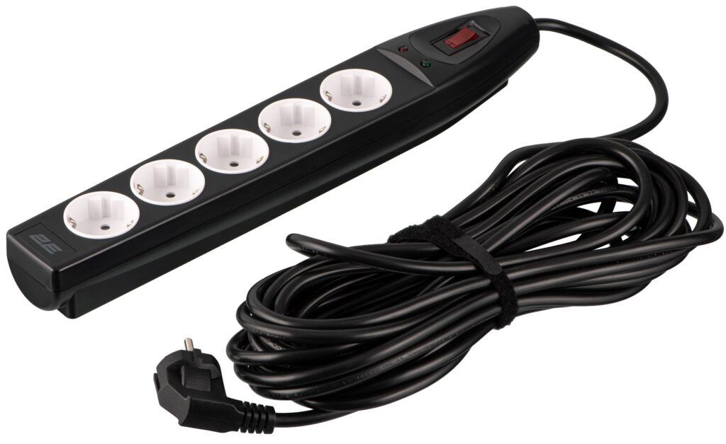 2E Power strip with surge protection, 10m, 5xTypeF, 16A, black