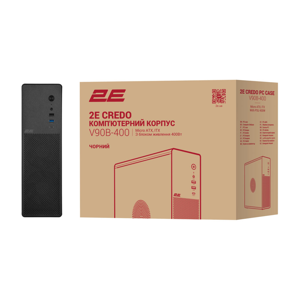 Корпус 2E Credo Slim V90B-400 з БЖ 2E TFX400, 1xUSB3.0, 1х USB 2.0, 1xUSB Type-C, 2×90мм, VGA 220мм, mATX, чорний