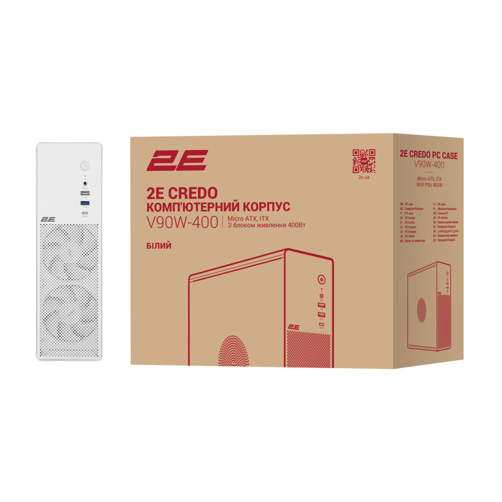 Корпус 2E Credo Slim V90W-400 з БЖ 2E TFX400, 1xUSB3.0, 1х USB 2.0, 1xUSB Type-C, 2×90мм, VGA 220мм, mATX, білий
