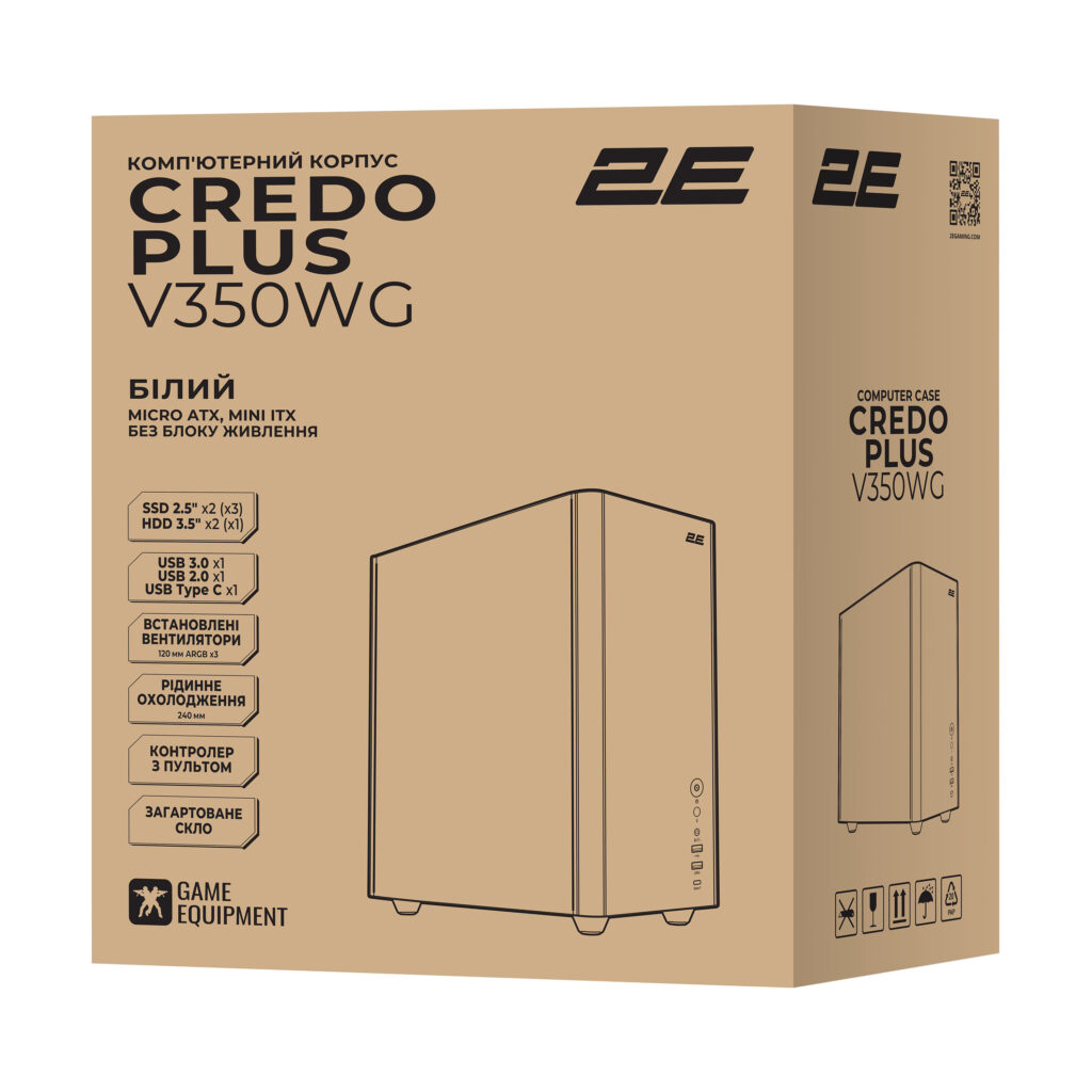 Корпус 2E Credo Plus V350WG без БП, 1xUSB3.0, 1х USB 2.0, 1xUSB Type-C, 3×120мм ARGB, VGA 350мм, LCS ready, TG Side Panel, mATX, белый