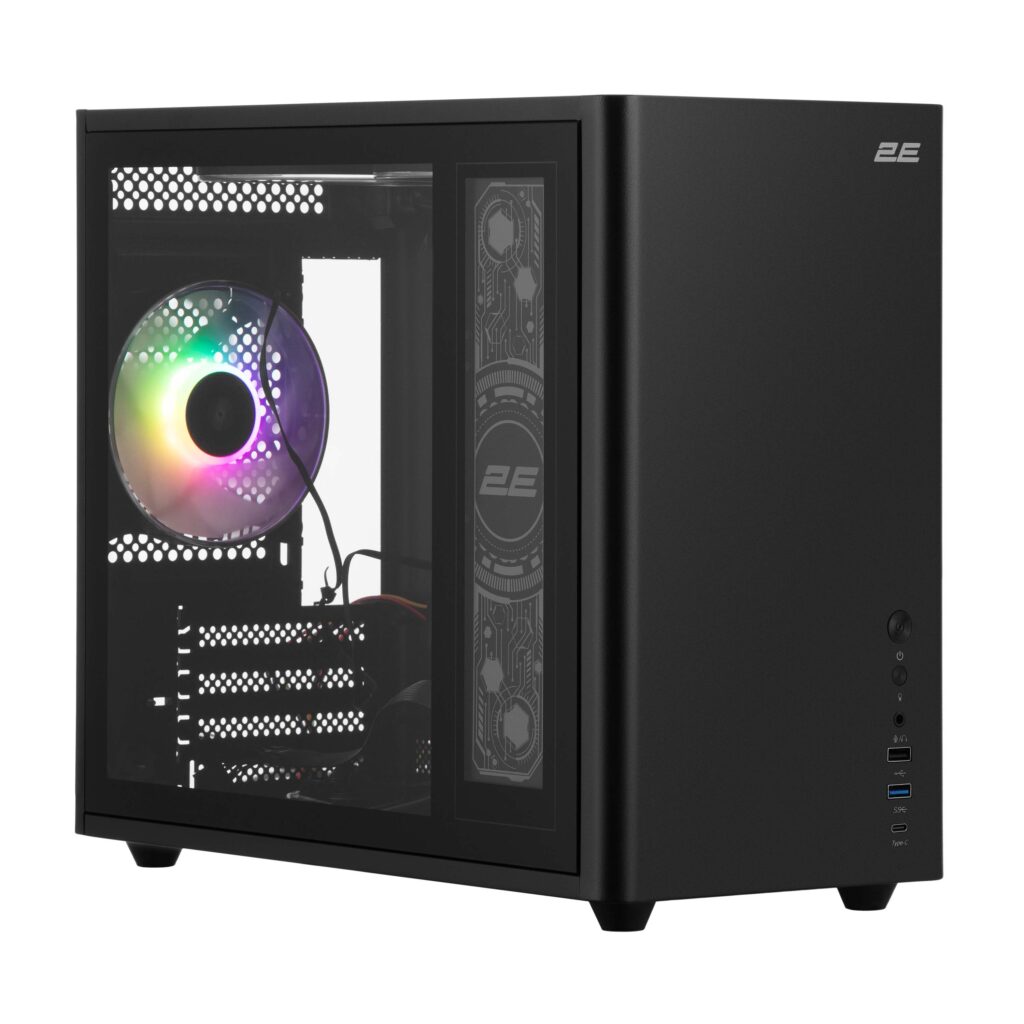 2E PC case 2E Credo Plus V350BG without PSU, 1xUSB3.0, 1х USB 2.0, 1xUSB Type-C, 3x120mm ARGB, VGA 350mm, LCS ready, controller with remote, TG Side Panel, mATX, black