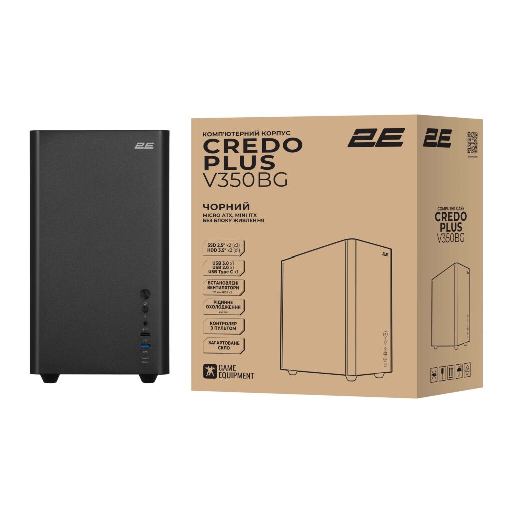 2E PC case 2E Credo Plus V350BG without PSU, 1xUSB3.0, 1х USB 2.0, 1xUSB Type-C, 3x120mm ARGB, VGA 350mm, LCS ready, controller with remote, TG Side Panel, mATX, black