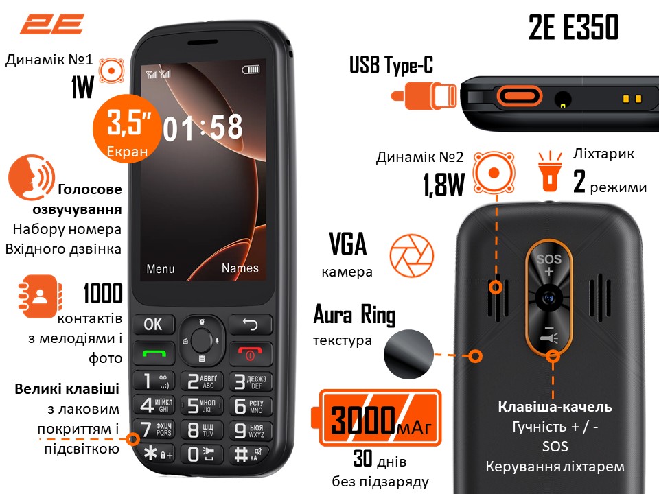 Мобільний телефон 2E E350 3.5″ 2SIM, 3000мА•год, чорний
