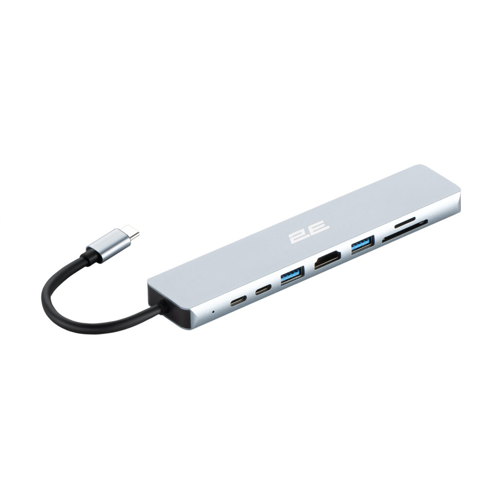 Хаб 2E USB-С > USB-A 2.0/USB-A 3.0/2xUSB-C PD/HDMI/microSD/SD/Ethernet, 0.13м, сірий