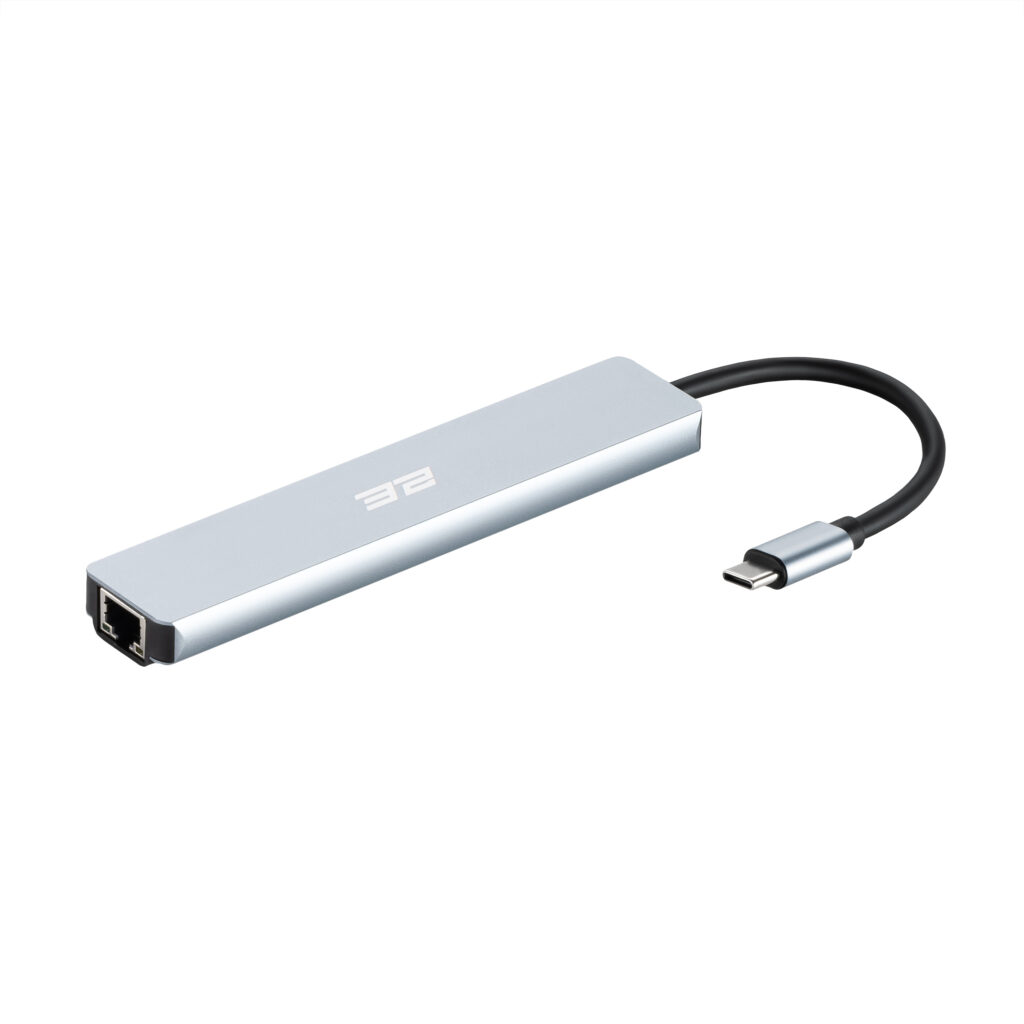Хаб 2E USB-С > USB-A 2.0/USB-A 3.0/2xUSB-C PD/HDMI/microSD/SD/Ethernet, 0.13м, сірий