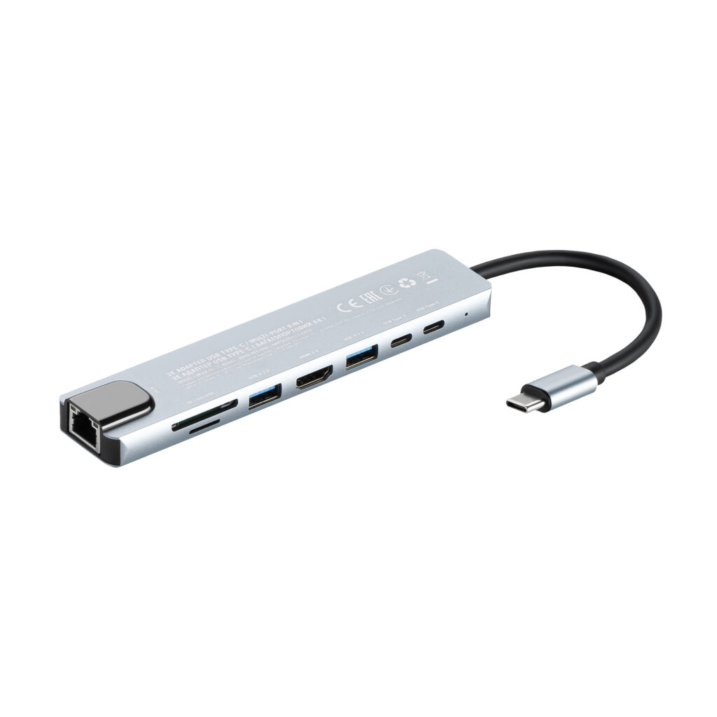 Хаб 2E USB-С > USB-A 2.0/USB-A 3.0/2xUSB-C PD/HDMI/microSD/SD/Ethernet, 0.13м, сірий