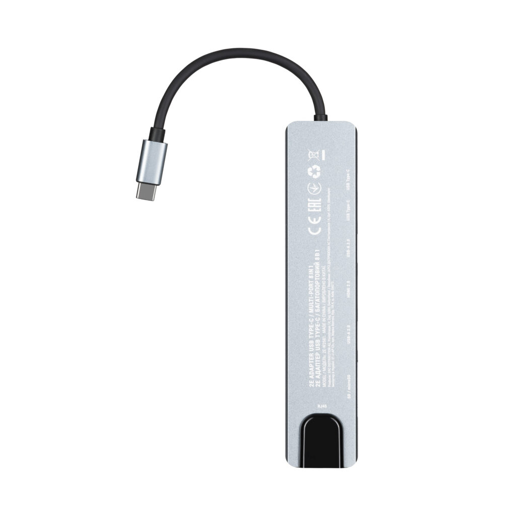 Хаб 2E USB-С > USB-A 2.0/USB-A 3.0/2xUSB-C PD/HDMI/microSD/SD/Ethernet, 0.13м, сірий