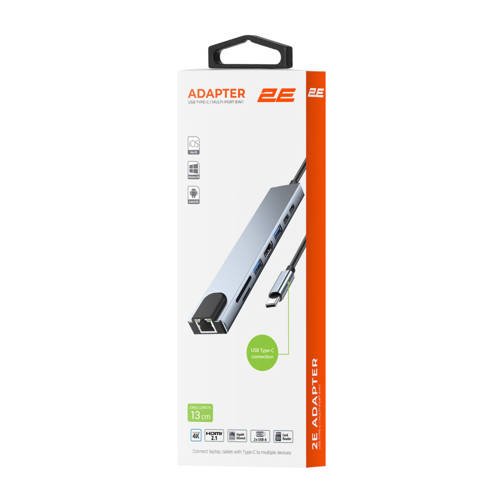 Хаб 2E USB-С > USB-A 2.0/USB-A 3.0/2xUSB-C PD/HDMI/microSD/SD/Ethernet, 0.13м, сірий