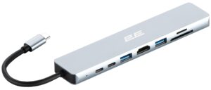 Хаб 2E USB-С > USB-A 2.0/USB-A 3.0/2xUSB-C PD/HDMI/microSD/SD/Ethernet, 0.13м, сірий