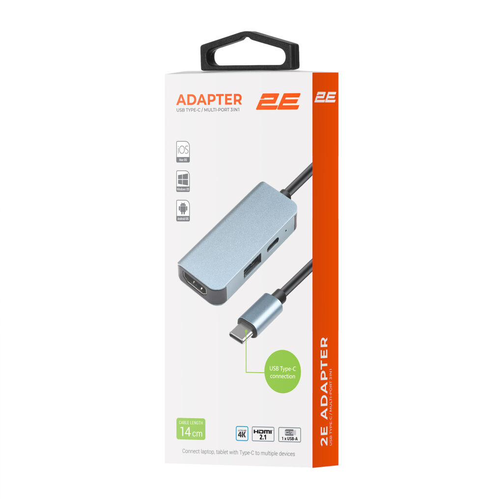 2E Hub USB-С > USB-A 3.0/USB-C PD/HDMI, 0.14m, silver