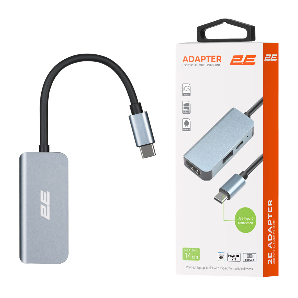 2E Hub USB-С > USB-A 3.0/USB-C PD/HDMI, 0.14m, silver