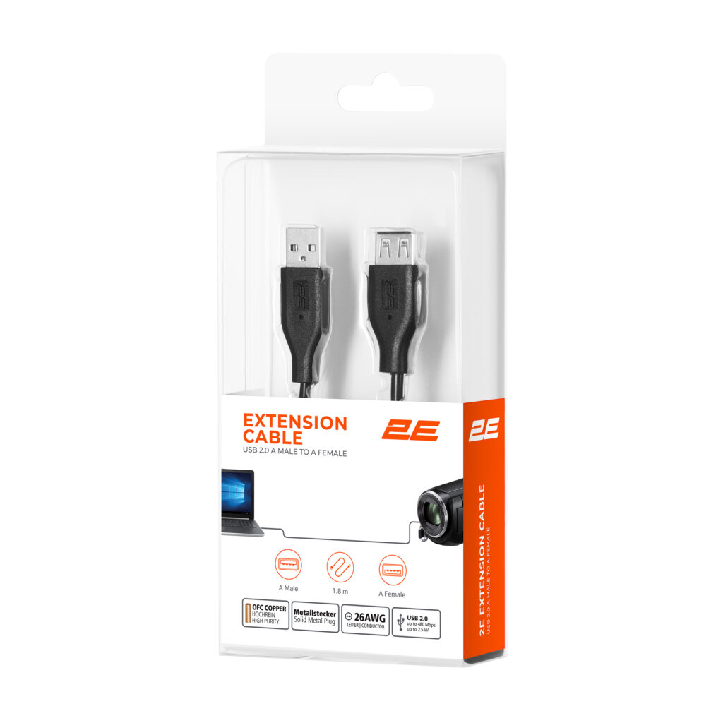 2E Cable USB 2.0 (AM/AF) 1.8m Black