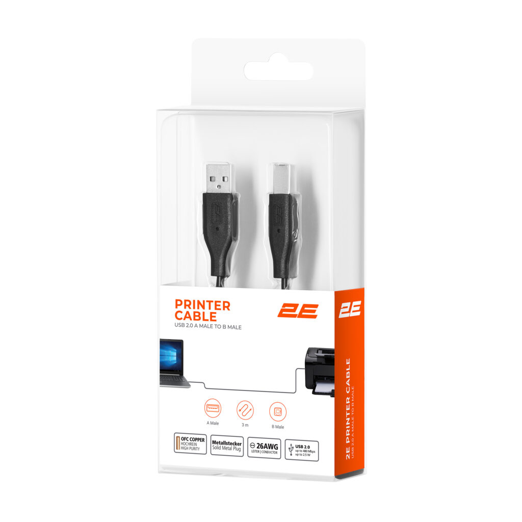 2E Cable USB 2.0 (AM/BM) DSTP 3m Black
