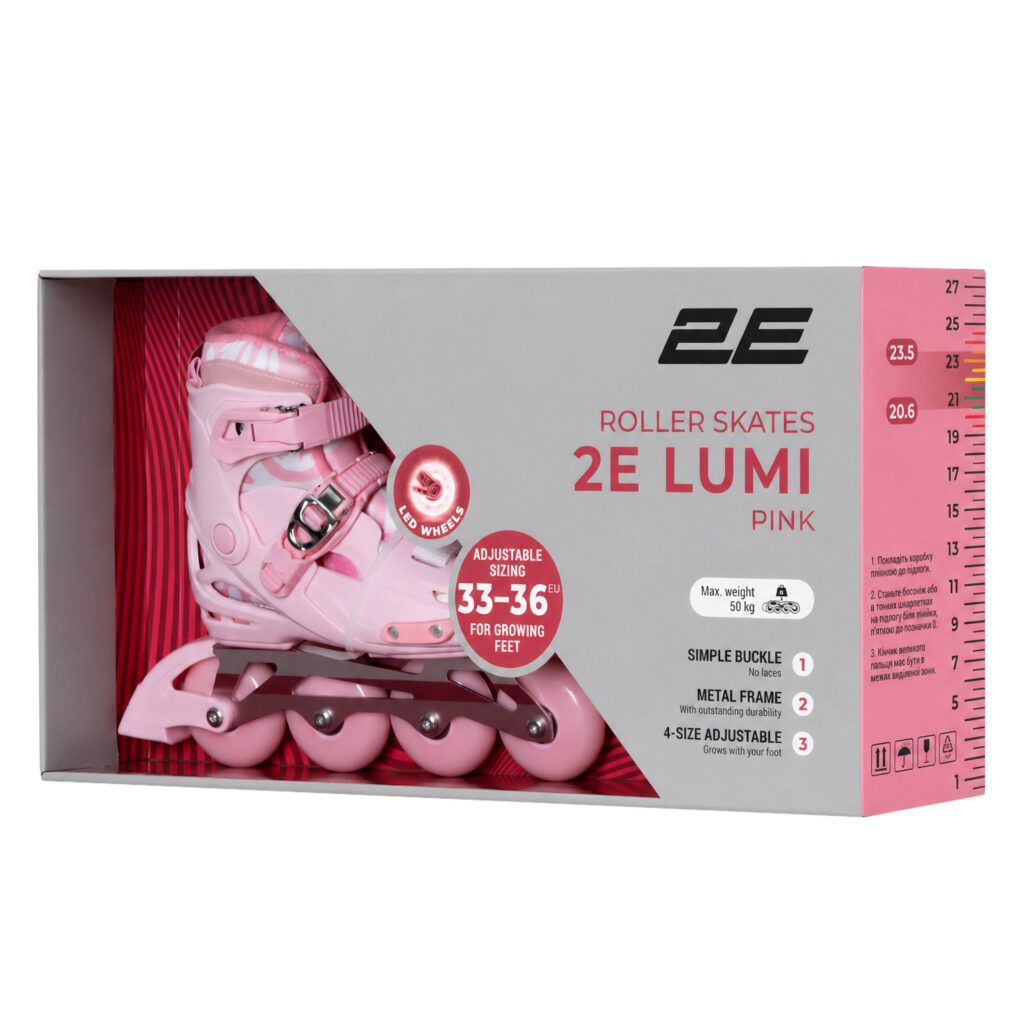 Роликовые коньки 2E Lumi, размер 33-36, Розовый
