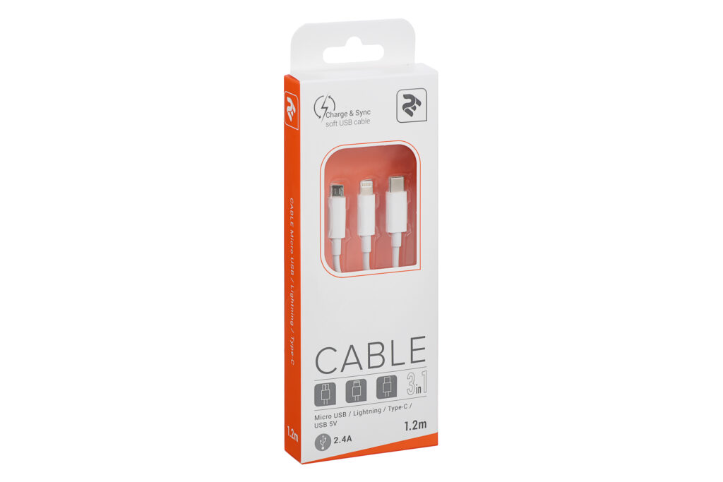 Кабель 2E USB-A > microUSB/Lightning/Type C, 5В/2.4A, 1.2м, білий