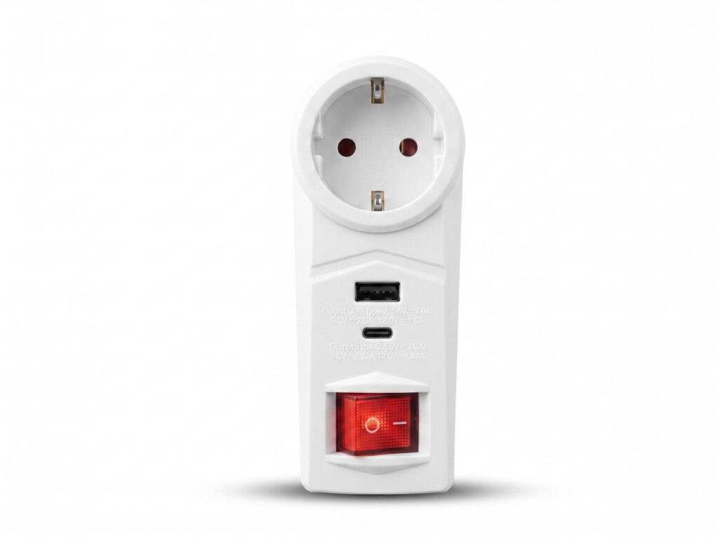 2E Power adapter, 1xTypeF, 16A, 1xUSB-A, 1xUSB-C, white
