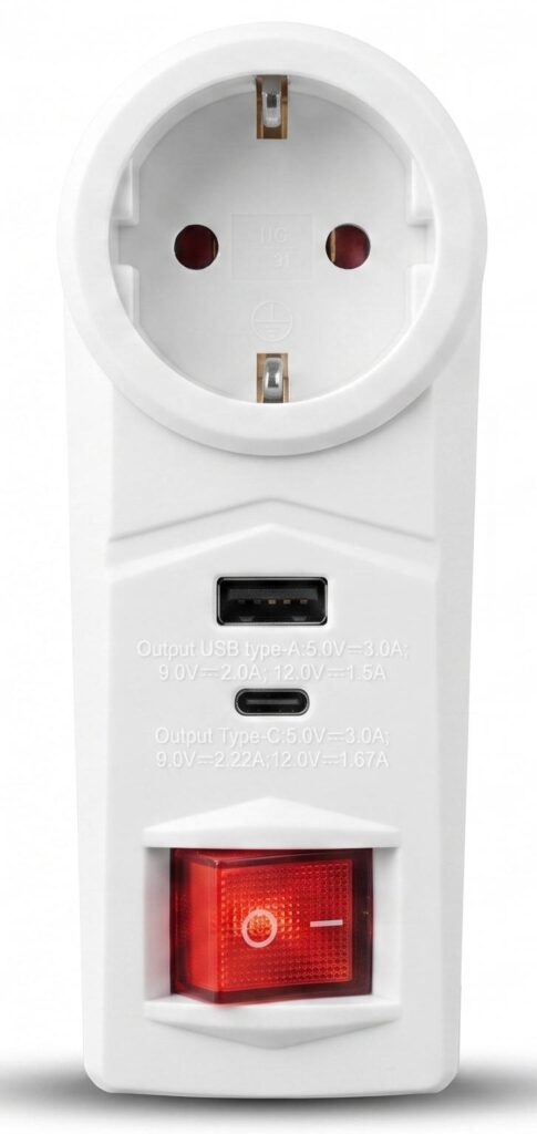 2E Power adapter, 1xTypeF, 16A, 1xUSB-A, 1xUSB-C, white