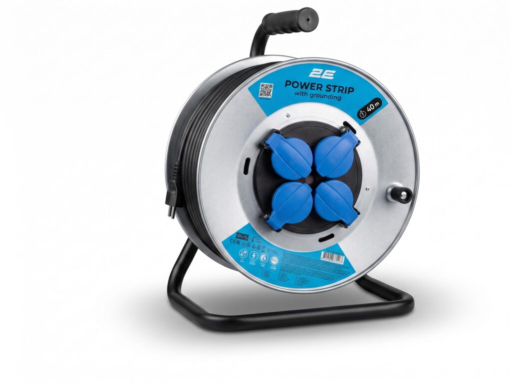 2E Power strip REEL 40 m, 4xType F, 16A, black-blue