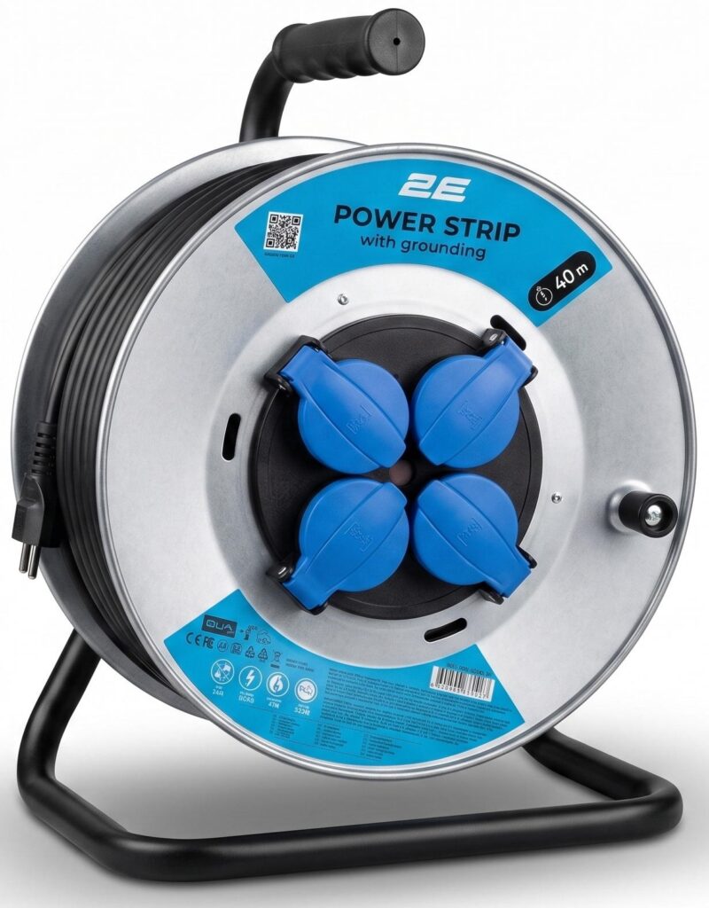 2E Power strip REEL 40 m, 4xType F, 16A, black-blue