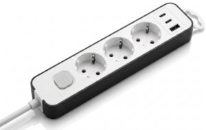 Удлинитель сетевой 2E TwoColors 1.5м, 3xТип F, 16A, 2xUSB-C, 1xUSB-A, бело-чёрный
