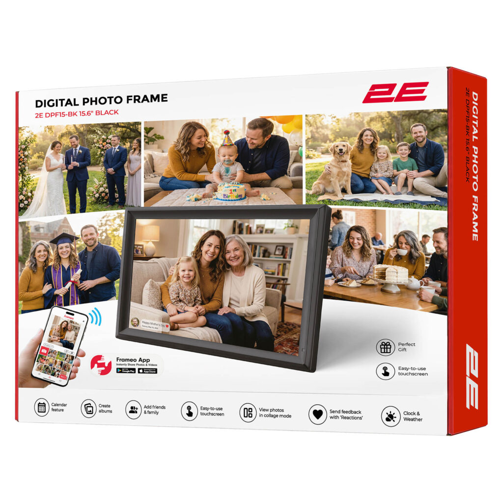 2E DPF15-BK 15.6″ Digital Photo Frame, IPS FHD, 1GB RAM/32GB ROM, 2?2W Speakers, Frameo SW, Touchscreen, Wi-Fi, Black